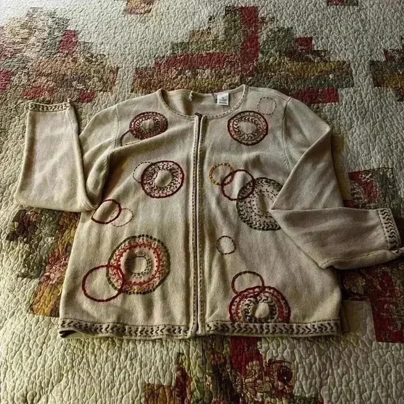 ALFRED DUNNER Beige Vintage Cardigan Gold SWIRL Sweater Zip-Up Womens Sz PS - Picture 3 of 6